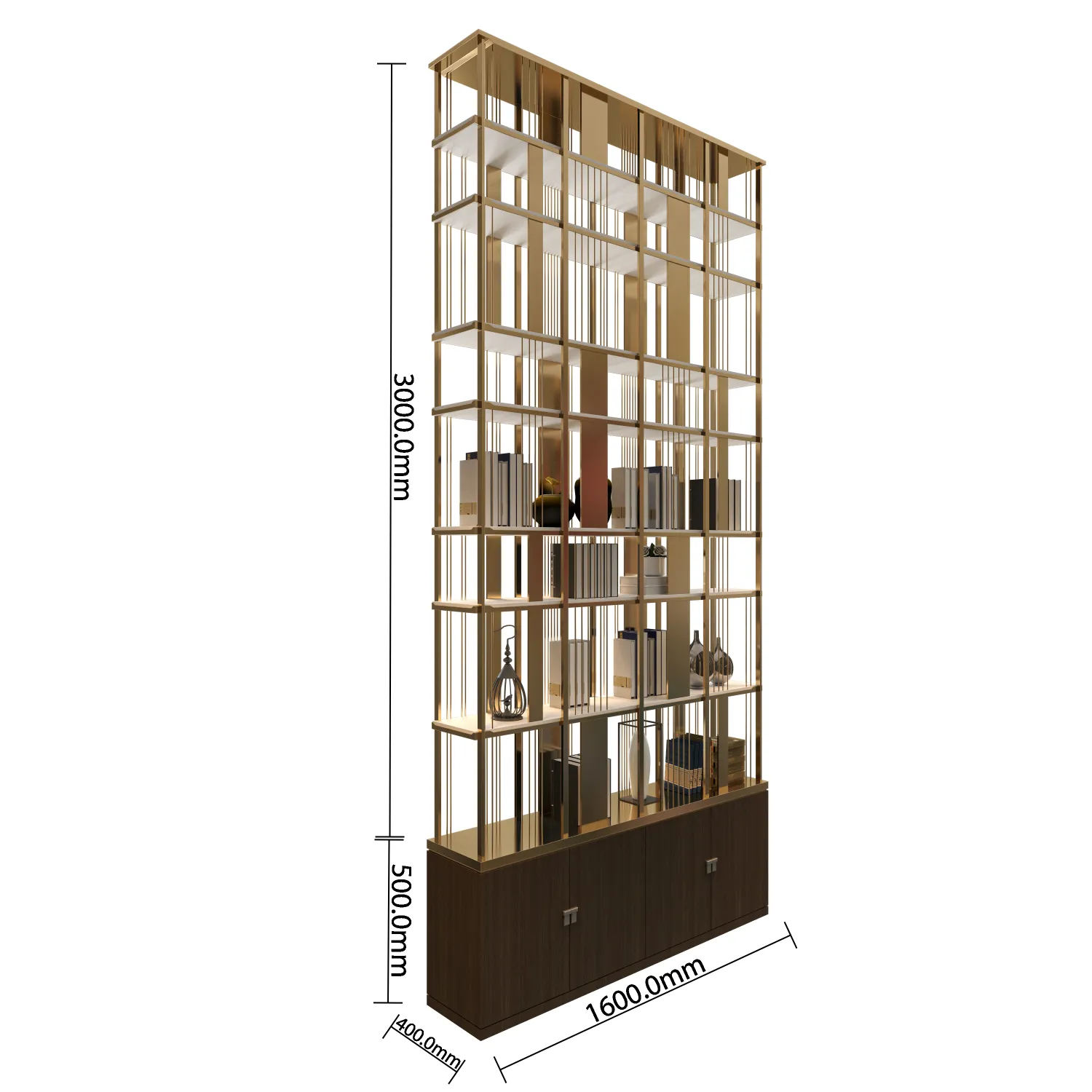 luxury-hotel-lobby-gold-metal-bookshelf-divider-with-dimensions-3000mm-height
