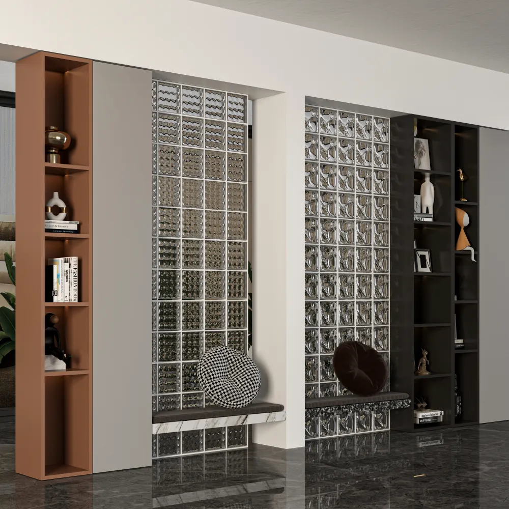 luxury hotel lobby partition wall glass block screen with custom shelving - MINGSUN