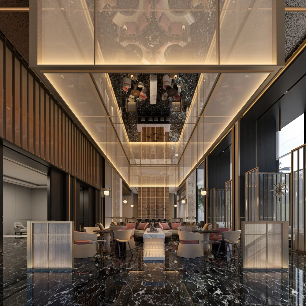 luxury-hotel-lobby-with-high-ceiling-mirrored-paneling-black-marble-floor-and-gold-accent-lighting - MINGSUN