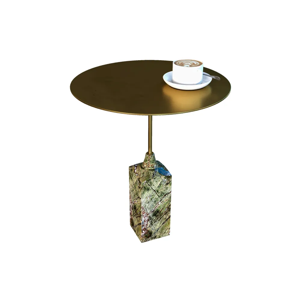 luxury-hotel-lounge-side-table-brass-top-green-marble-base-espresso-cup-display - MINGSUN