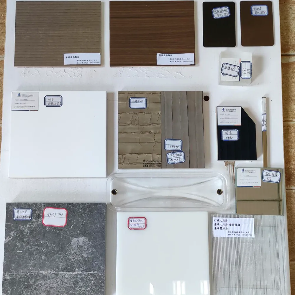 Luxury hotel material board featuring walnut veneer, dark marble, white Corian