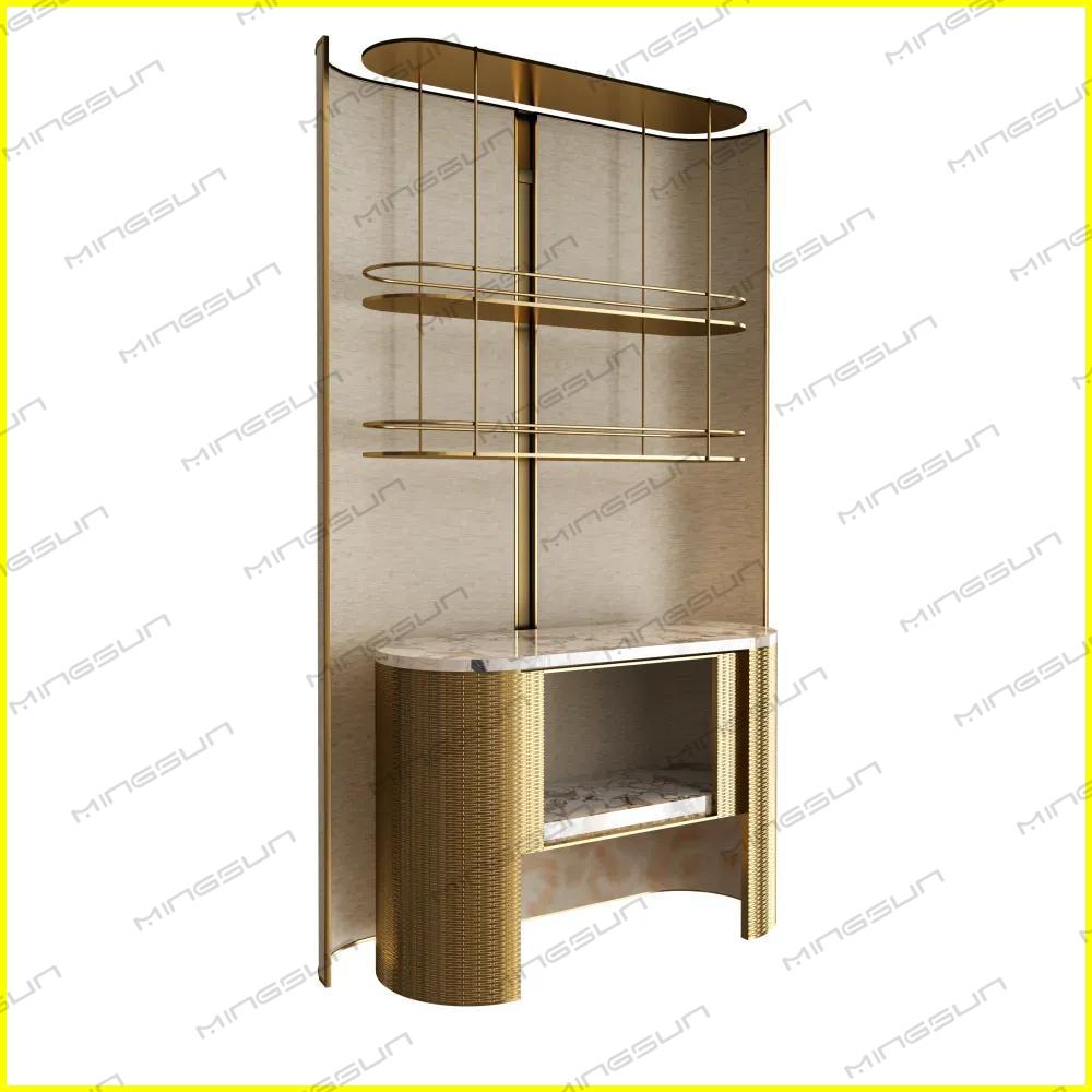 luxury-hotel-mini-bar-unit-with-gold-metal-frame-and-marble-countertop - MINGSUN