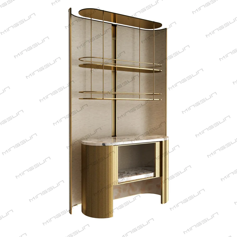 luxury-hotel-mini-bar-unit-with-gold-metal-frame-and-marble-countertop - MINGSUN