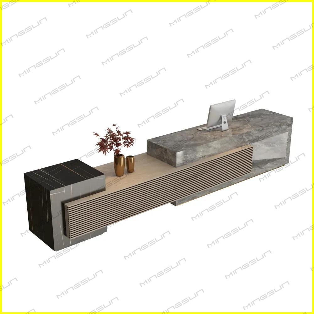 luxury-hotel-reception-desk-with-gray-marble-top-and-wood-slatted-panel - MINGSUN
