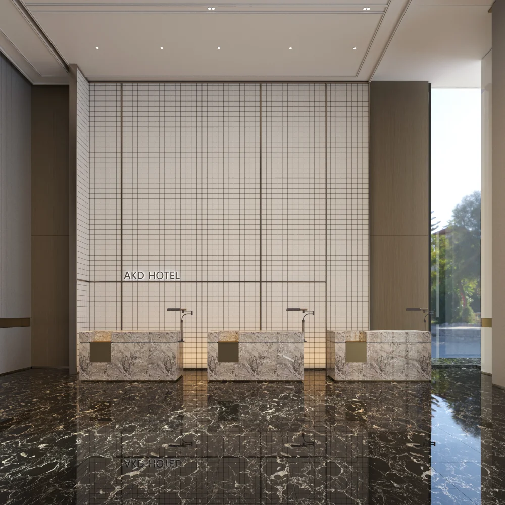 luxury-hotel-reception-desk-with-grey-marble-counters-and-grid-patterned-backwall - MINGSUN