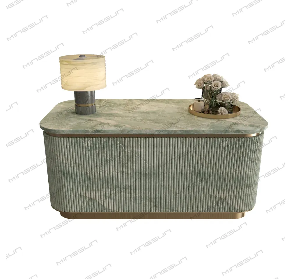 luxury-hotel-side-table-with-green-marble-top-and-ribbed-texture-panel - MINGSUN