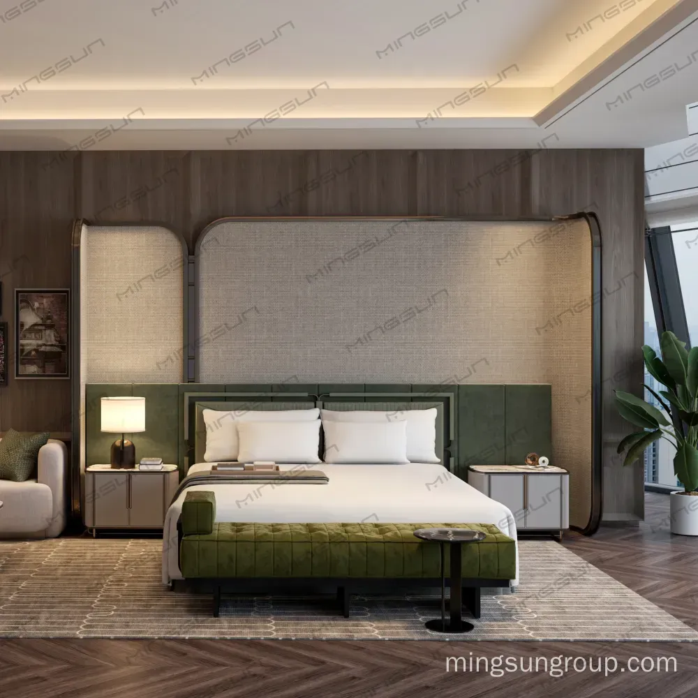 luxury-hotel-suite-interior-with-green-velvet-bed-and-ambient-lighting-for-premium-guest-experience - MINGSUN