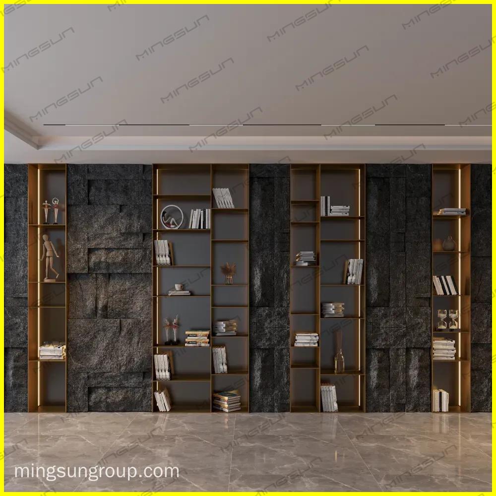 luxury-hotel-wall-shelving-system-with-gold-frame-and-led-lighting-for-boutique-interiors - MINGSUN