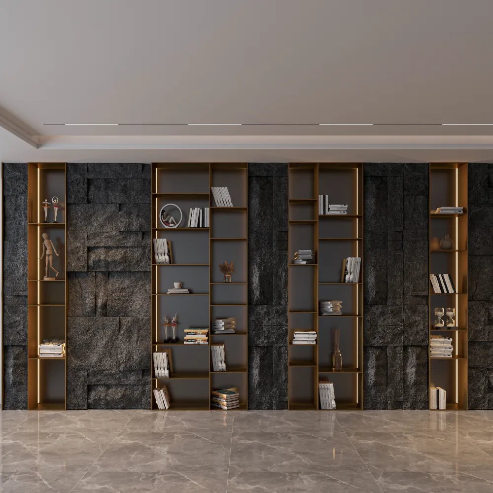 luxury-hotel-wall-shelving-system-with-gold-frame-and-led-lighting-for-boutique-interiors - MINGSUN