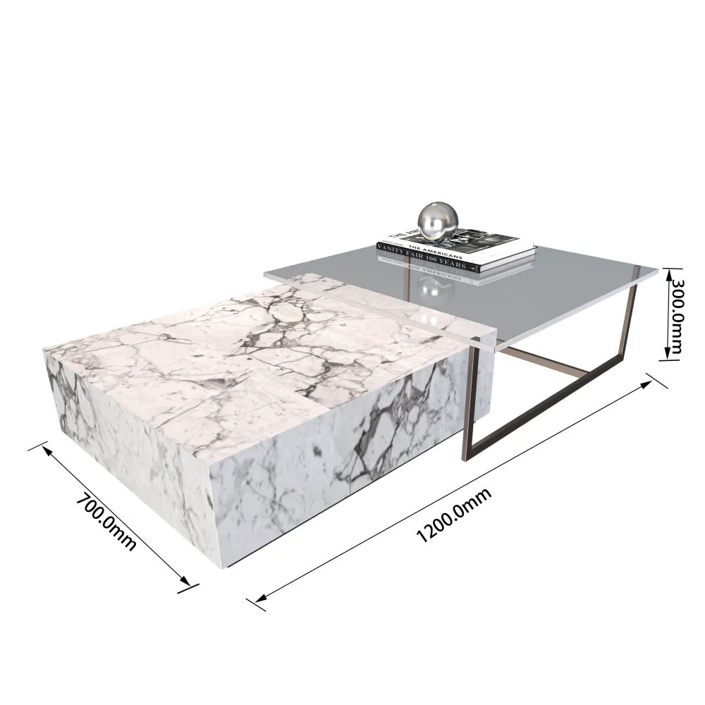luxury marble and tempered glass coffee table 1200mm for hotel suite