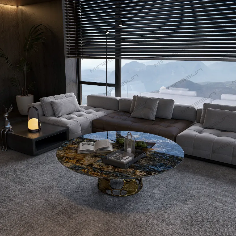 luxury-penthouse-suite-round-coffee-table-dark-mood-setting-artistic-metal-base-natural-stone-finish-hospitality-lobby - MINGSUN luxury-penthouse-suite-round-coffee-table-dark-mood-setting-artistic-metal-base-natural-stone-finish-hospitality-lobby - MINGSUN