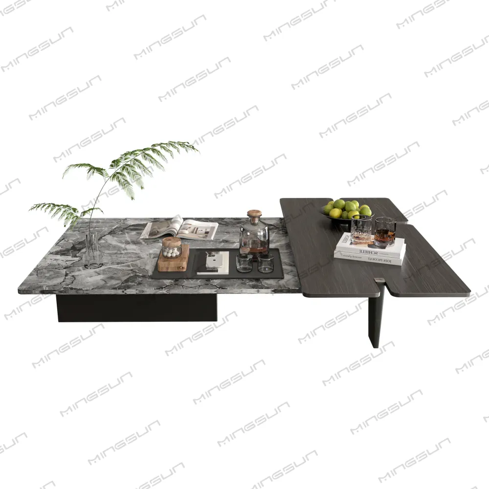 minimalist stone and wood combo center table for upscale commercial space - MINGSUN minimalist stone and wood combo center table for upscale commercial space - MINGSUN