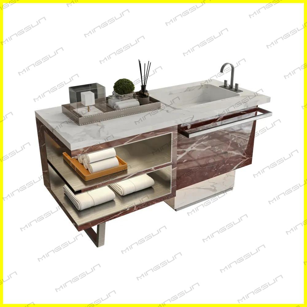 modern-apartment-washbasin-console-marble-countertop-open-shelves-towel-bar-hotel-suite-bathroom-furniture-white-red-marble - MINGSUN