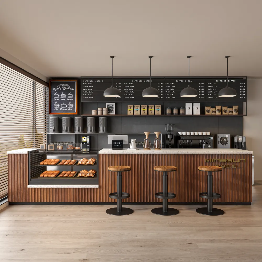 modern bakery display counter with integrated glass showcase and industrial pendant lighting for boutique coffee shops - MINGSUN