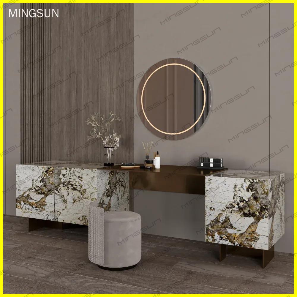 modern-bedroom-vanity-with-marble-finish-LED-mirror-velvet-stool-and-ambient-lighting-for-luxury-homes - MINGSUN