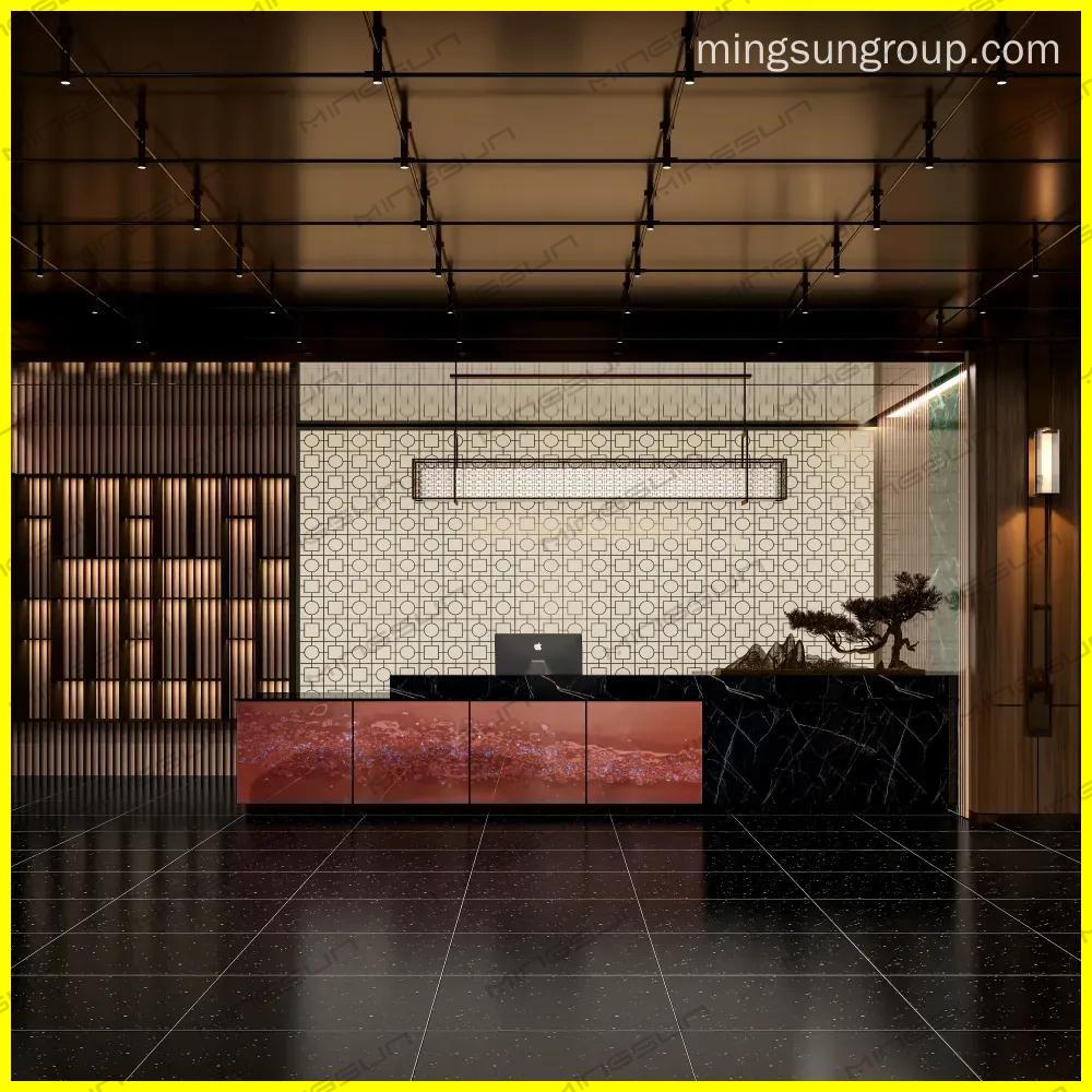 modern black marble hotel reception desk with copper finish 4500mm - MINGSUN