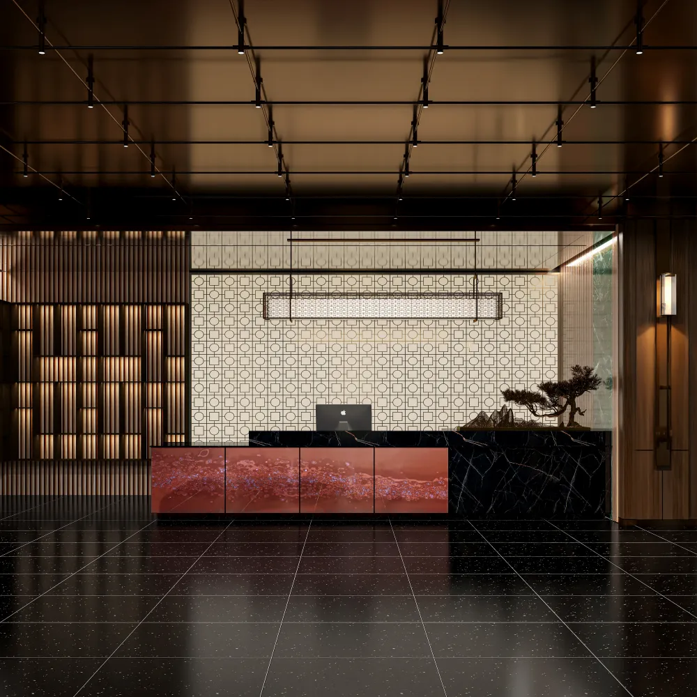 modern black marble hotel reception desk with copper finish 4500mm - MINGSUN