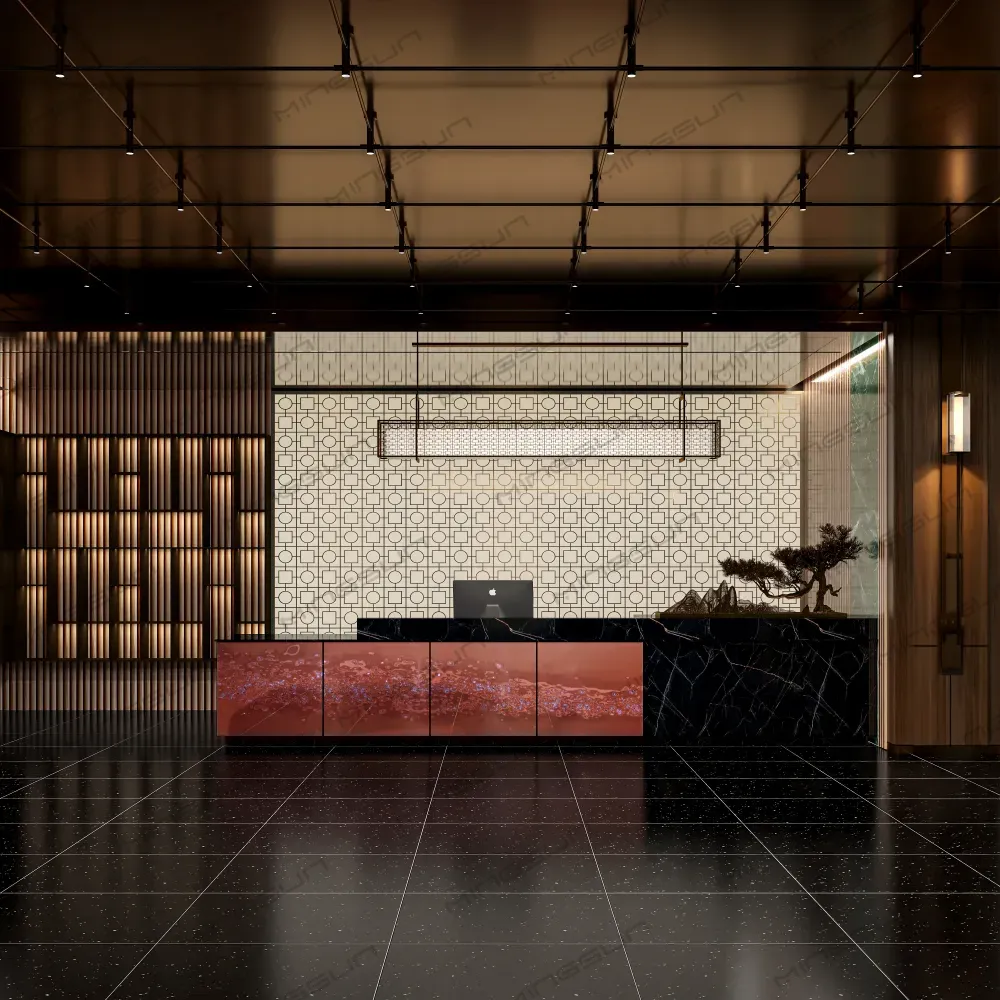 modern black marble hotel reception desk with copper finish 4500mm - MINGSUN modern black marble hotel reception desk with copper finish 4500mm - MINGSUN