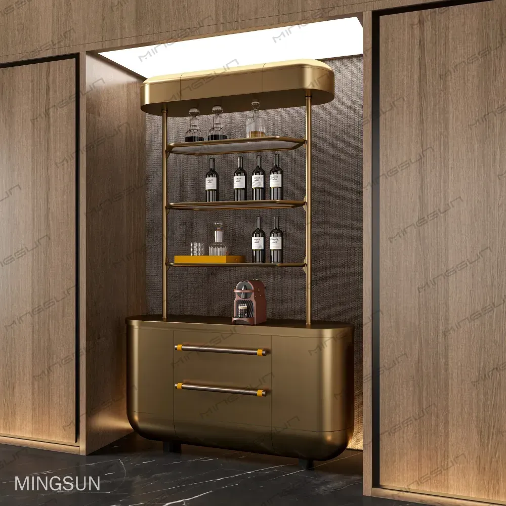 modern boutique hotel storage unit featuring integrated led light and emerald marble top in dark interior - MINGSUN