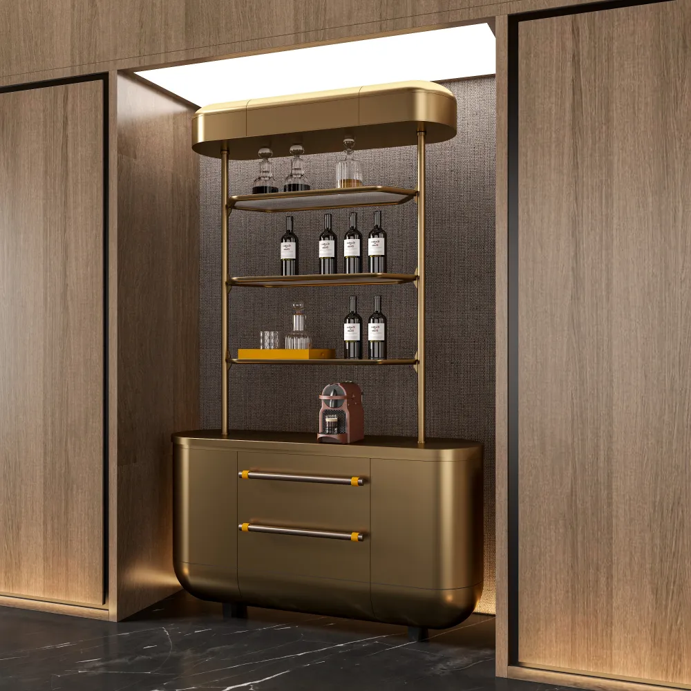 modern boutique hotel storage unit featuring integrated led light and emerald marble top in dark interior - MINGSUN