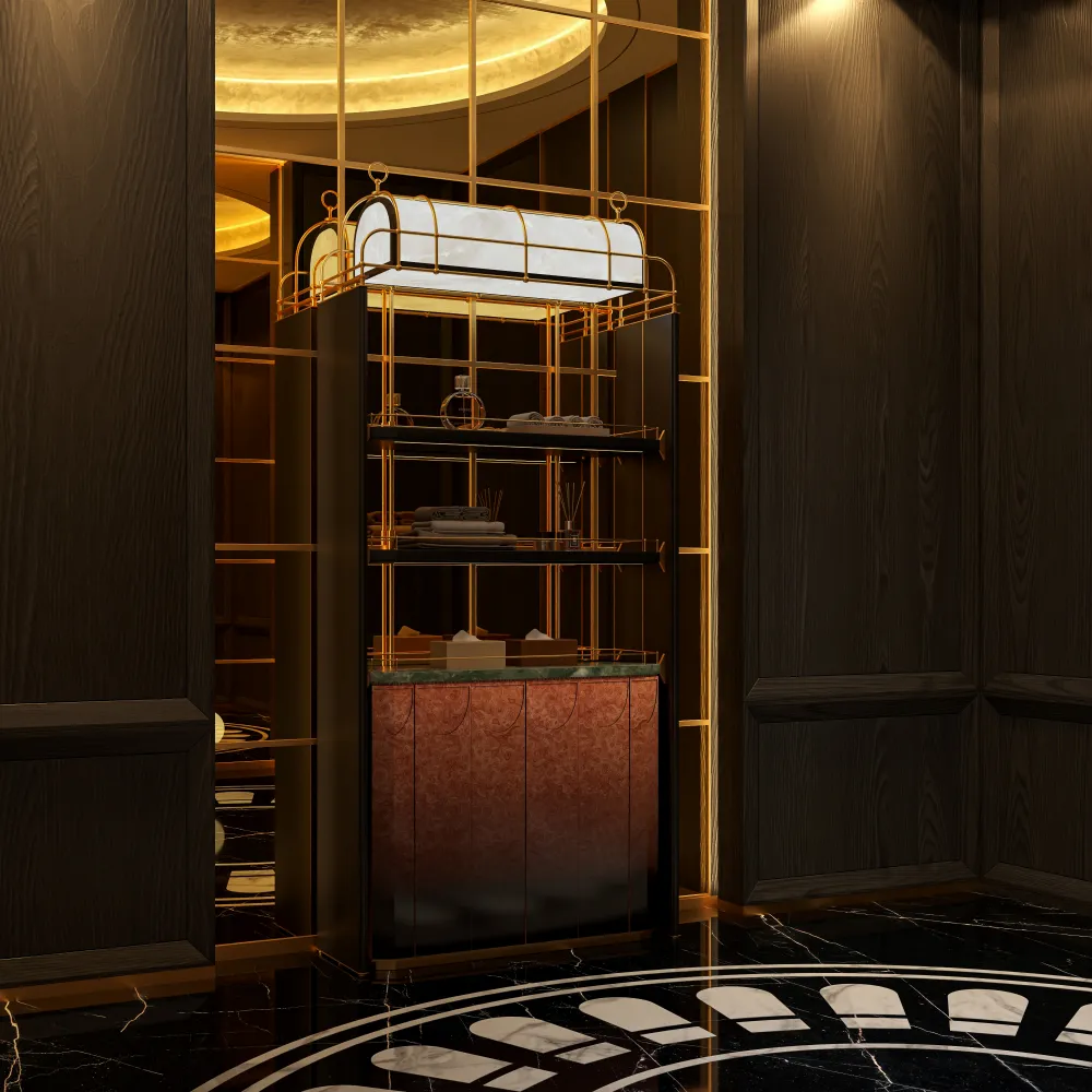 modern boutique hotel storage unit featuring integrated led light and emerald marble top in dark interior - MINGSUN