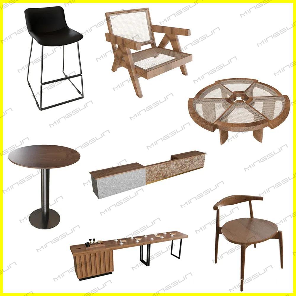 modern-coffee-shop-furniture-collection-black-bar-stool-wooden-armchair-round-table-and-counter-unit - MINGSUN