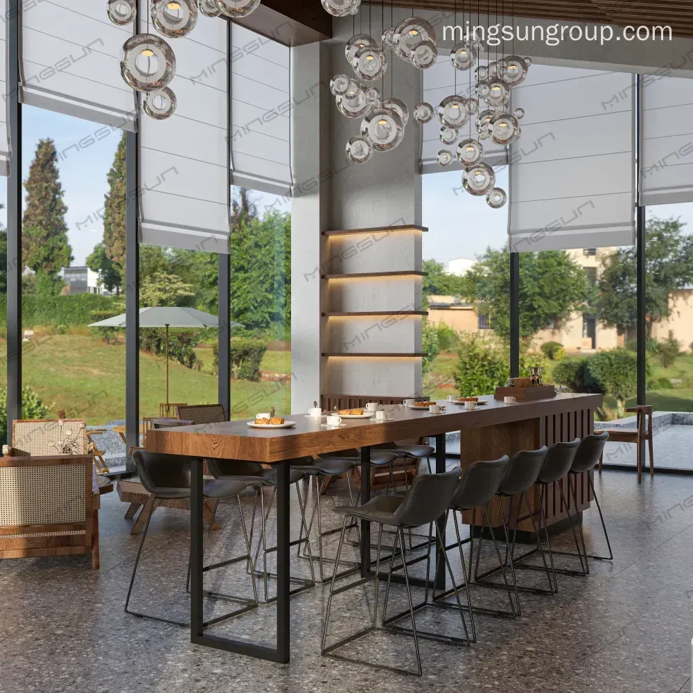 modern-coffee-shop-with-long-wooden-bar-table-large-windows-and-bubble-chandelier-for-guests - MINGSUN