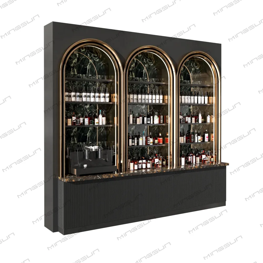 modern-commercial-bar-counter-for-restaurants-hotels-with-gold-trim-and-green-marble-backdrop - MINGSUN modern-commercial-bar-counter-for-restaurants-hotels-with-gold-trim-and-green-marble-backdrop - MINGSUN