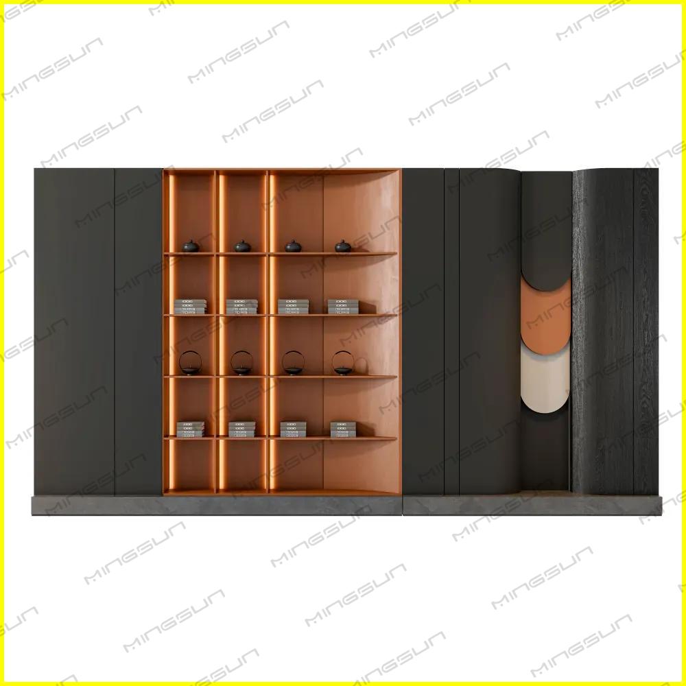 modern-commercial-bookshelf-unit-with-dark-wood-panel-and-curved-design - MINGSUN