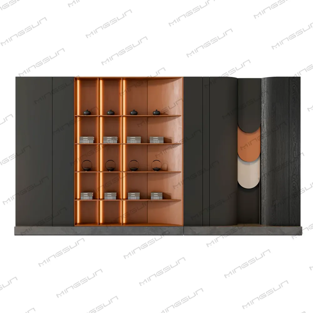 modern-commercial-bookshelf-unit-with-dark-wood-panel-and-curved-design - MINGSUN