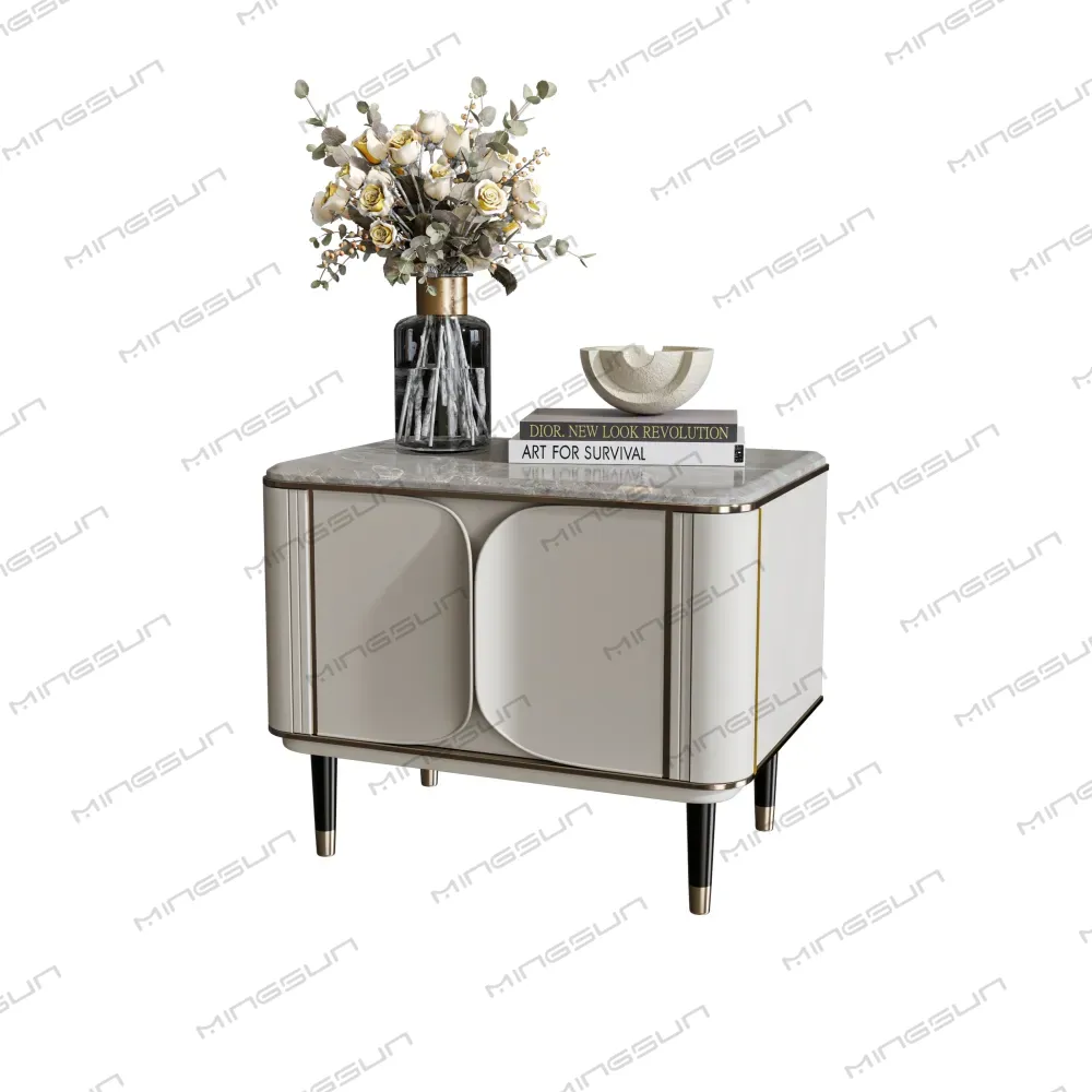modern-cream-finish-bedside-cabinet-with-gold-trim-and-elegant-legs-for-hotels - MINGSUN