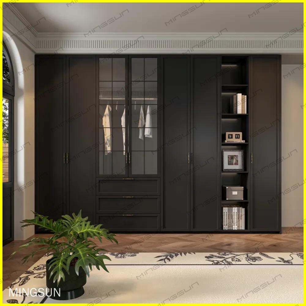 modern dark grey fitted wardrobe with glass doors and integrated sensor lighting - MINGSUN