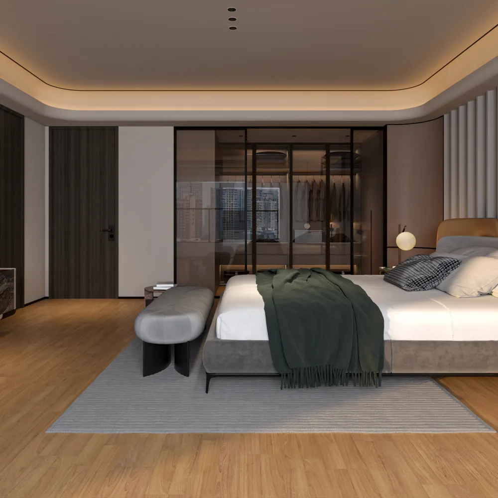 modern-executive-suite-bedroom-furniture-glass-wardrobe-and-curved-bed-bench-context-shot - MINGSUN