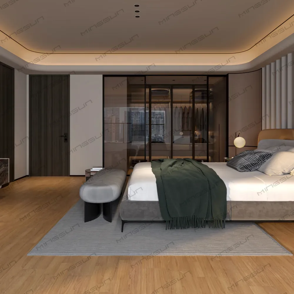 modern-executive-suite-bedroom-furniture-glass-wardrobe-and-curved-bed-bench-context-shot - MINGSUN modern-executive-suite-bedroom-furniture-glass-wardrobe-and-curved-bed-bench-context-shot - MINGSUN