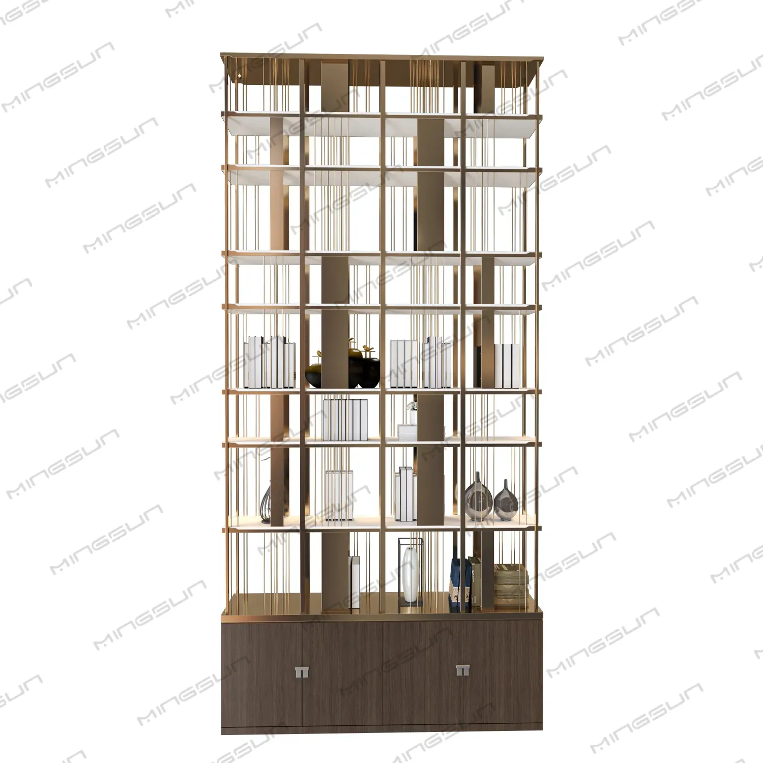 modern-floor-to-ceiling-stainless-steel-room-partition-with-wooden-storage-cabinet - MINGSUN