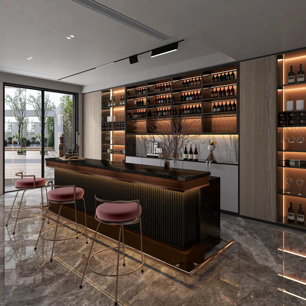 modern-hotel-bar-design-with-black-marble-countertop-and-rose-gold-stools