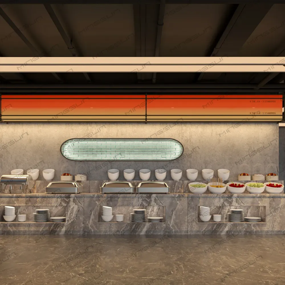 modern-hotel-buffet-area-with-backlit-signage-and-marble-countertop-for-guest-experience - MINGSUN