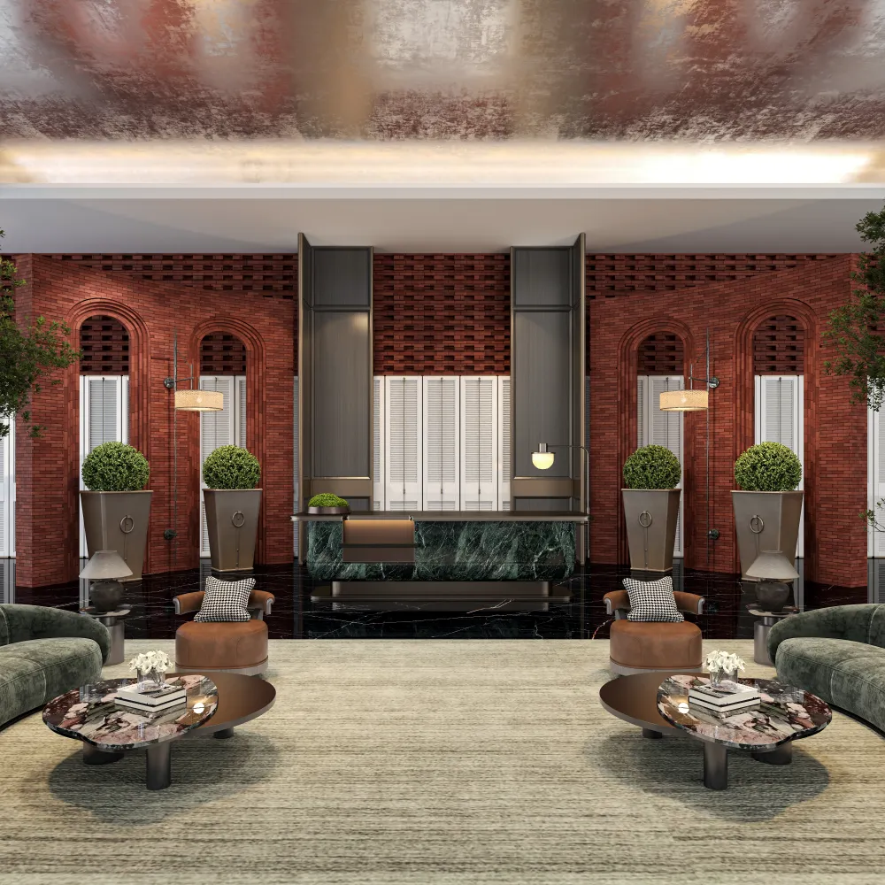 modern hotel lobby reception desk with emerald green marble and industrial brick wall design for luxury boutique hotels - MINGSUN