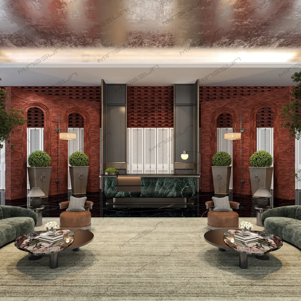 modern hotel lobby reception desk with emerald green marble and industrial brick wall design for luxury boutique hotels - MINGSUN modern hotel lobby reception desk with emerald green marble and industrial brick wall design for luxury boutique hotels - MINGSUN