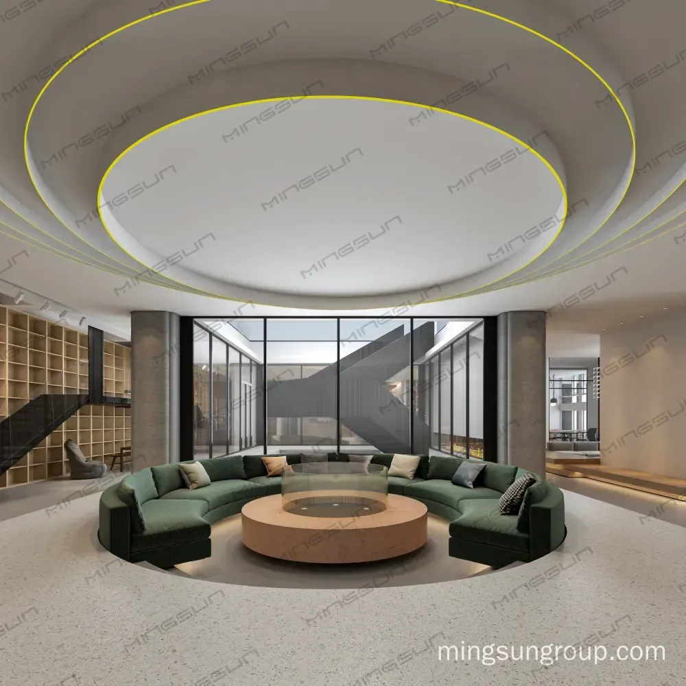 modern-hotel-lobby-with-large-curved-sofa-and-fire-pit - MINGSUN