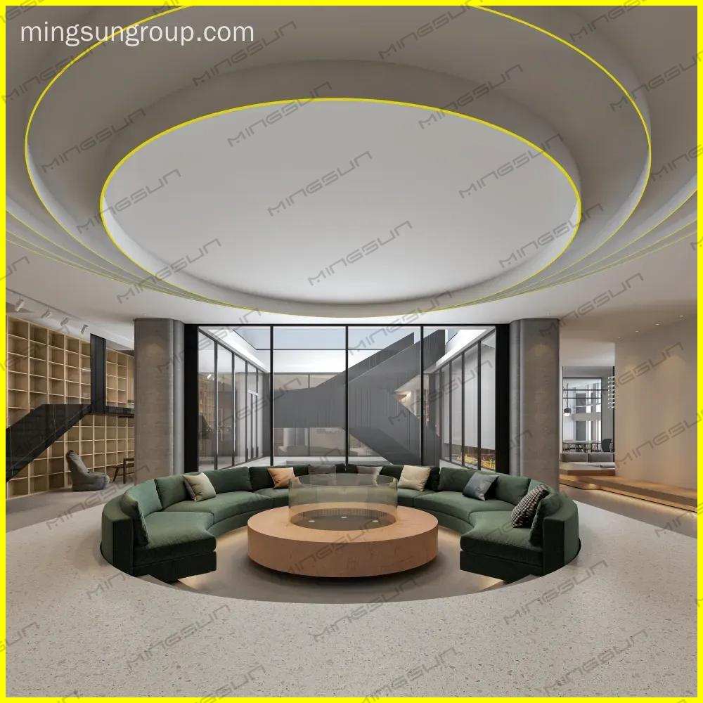 modern-hotel-lobby-with-large-curved-sofa-and-fire-pit - MINGSUN