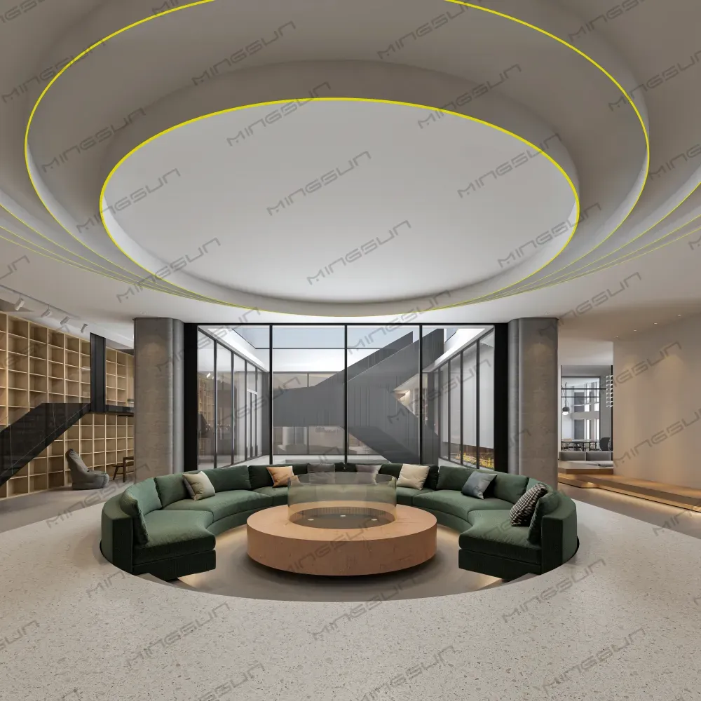 modern-hotel-lobby-with-large-curved-sofa-and-fire-pit - MINGSUN modern-hotel-lobby-with-large-curved-sofa-and-fire-pit - MINGSUN