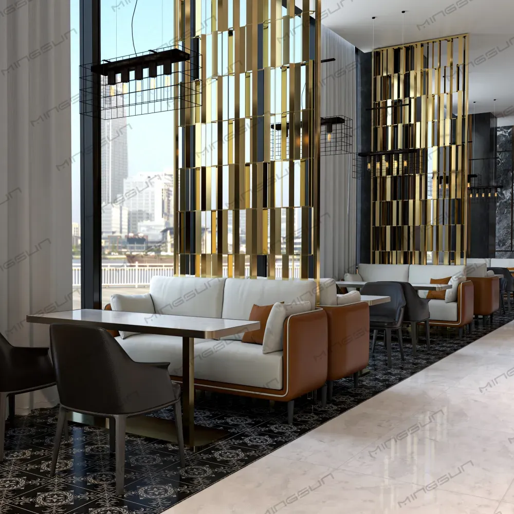 modern-hotel-lounge-with-gold-mesh-partition-walls-for-elegant-space-separation-and-design - MINGSUN modern-hotel-lounge-with-gold-mesh-partition-walls-for-elegant-space-separation-and-design - MINGSUN