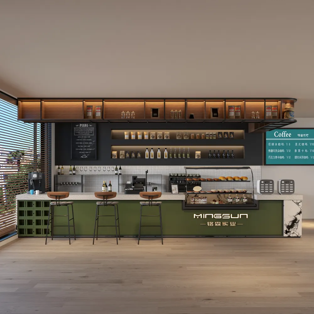 modern l shaped commercial bar desk with olive green finish and white marble accents for upscale hotel coffee shops - MINGSUN