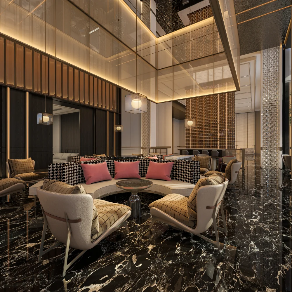 modern-lounge-area-in-hotel-with-curved-sofa-checkered-pattern-pink-cushions-and-glass-partitions - MINGSUN