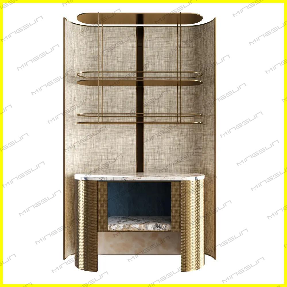 modern-luxury-bar-unit-with-textured-gold-panel-and-open-storage-compartment - MINGSUN
