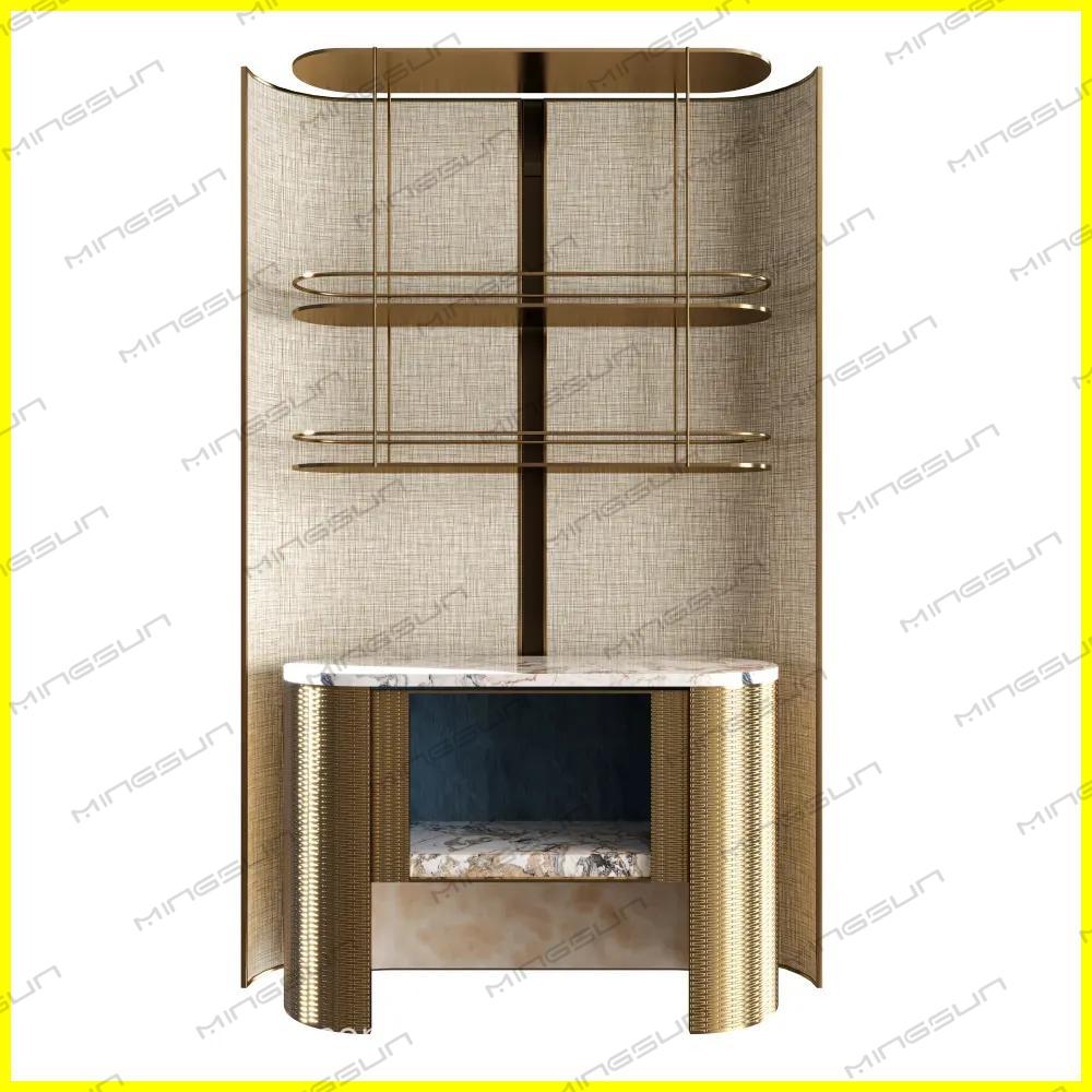 modern-luxury-bar-unit-with-textured-gold-panel-and-open-storage-compartment - MINGSUN