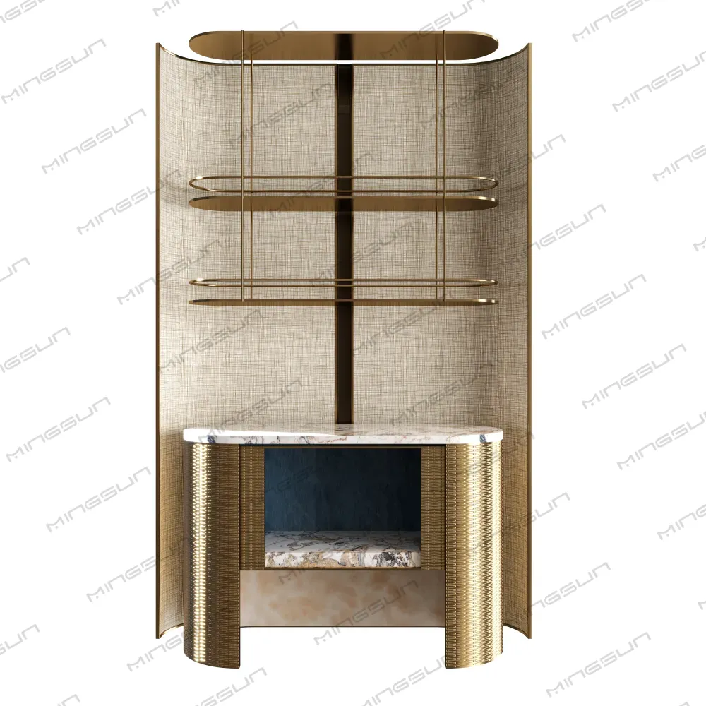 modern-luxury-bar-unit-with-textured-gold-panel-and-open-storage-compartment - MINGSUN