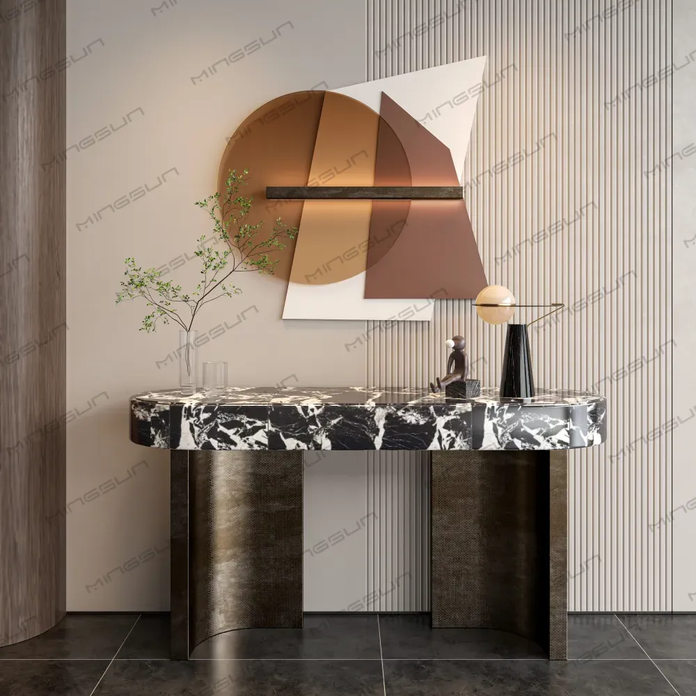 modern luxury black marble console table with gold wave base for hotel lobby decor - MINGSUN modern luxury black marble console table with gold wave base for hotel lobby decor - MINGSUN