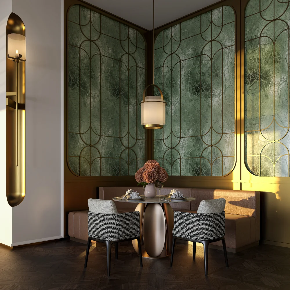 modern-luxury-dining-nook-with-art-deco-glass-screen-gold-metal-frame-and-ambient-pendant-lighting
